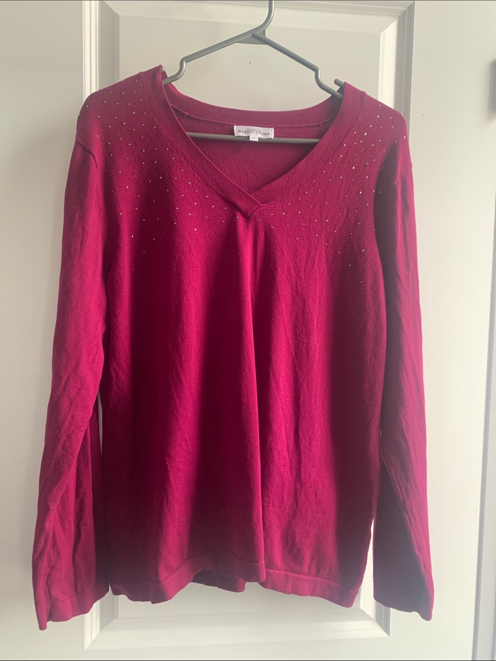 Northern Reflections Women's V-Neck Sweater in Berry with Rhinestone Detail